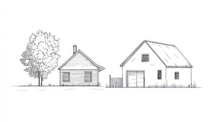 Rural sketch, two buildings, tree, landscape illustration