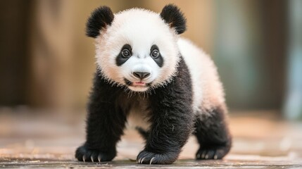 Obraz premium A cute panda cub with a playful expression, showcasing its distinctive black and white fur while exploring its surroundings.