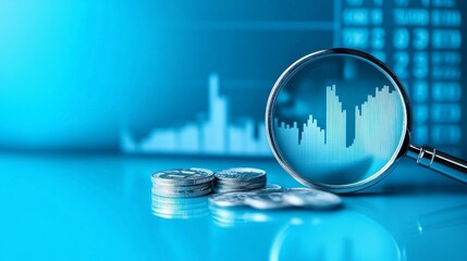 Magnifying Glass Over Stock Chart and Coins, Finance , Investment