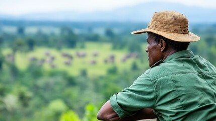 A man wearing a straw hat gazes thoughtfully over a lush landscape, observing a herd of animals in the distance.