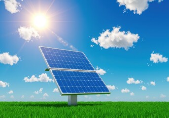 Stylized illustration of a Solar panel stands on the grass against a blue sky