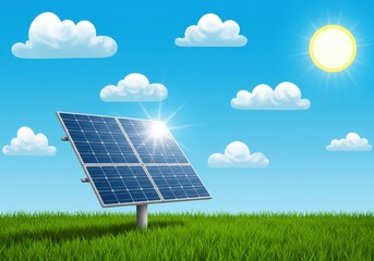 Stylized illustration of a Solar panel stands on the grass against a blue sky