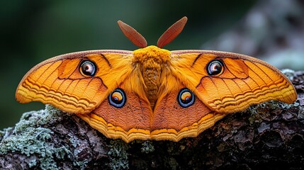 Orange moth perched on tree bark, forest background, nature photography