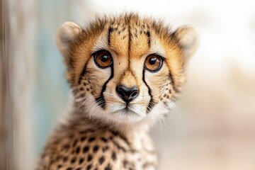 Obraz premium A close-up of a young cheetah with expressive eyes and distinctive spots, showcasing its curious and playful nature.
