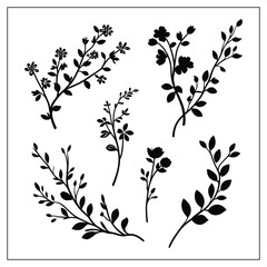 Minimalist Floral Branch Silhouette Vector on White Background