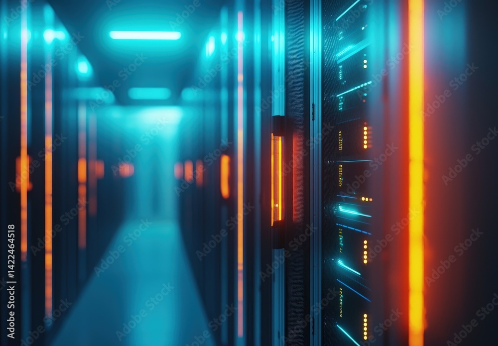 Poster bright modern server hallway with glowing orange and cyan racks, highlighting cybersecurity, cloud s