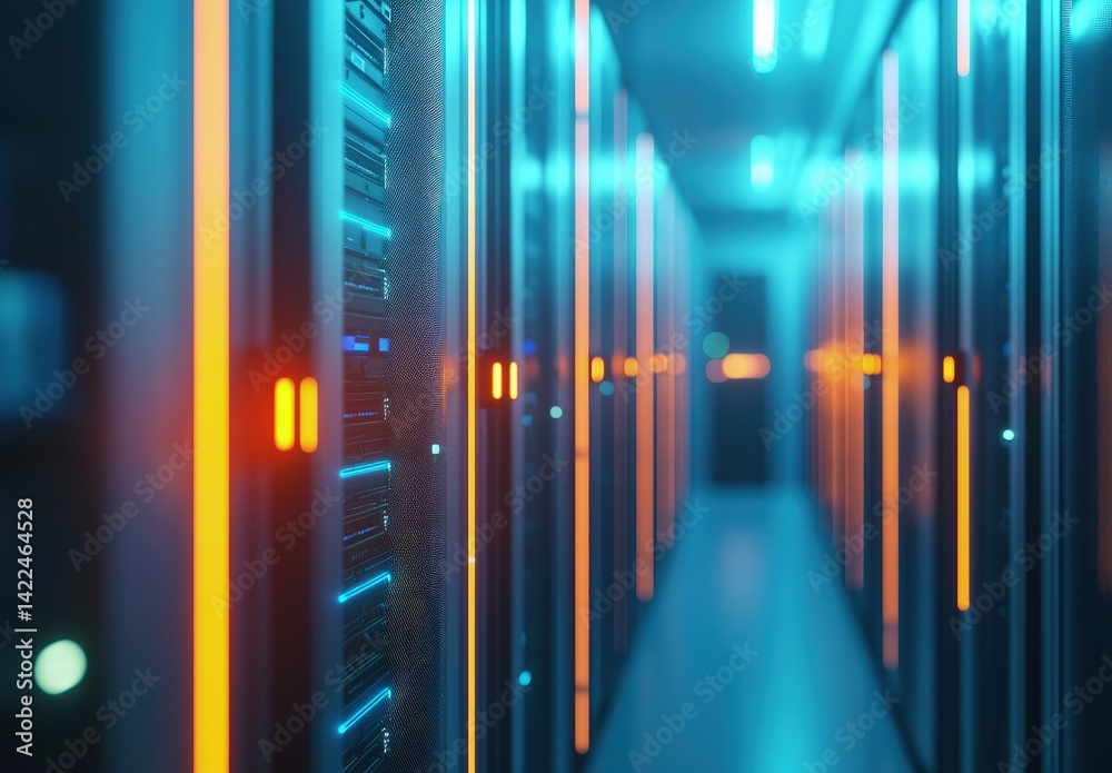 Poster Futuristic data center hallway with glowing orange and blue server lights, emphasizing technology, security, and high-speed infrastructure. Perfect for IT and cloud concepts