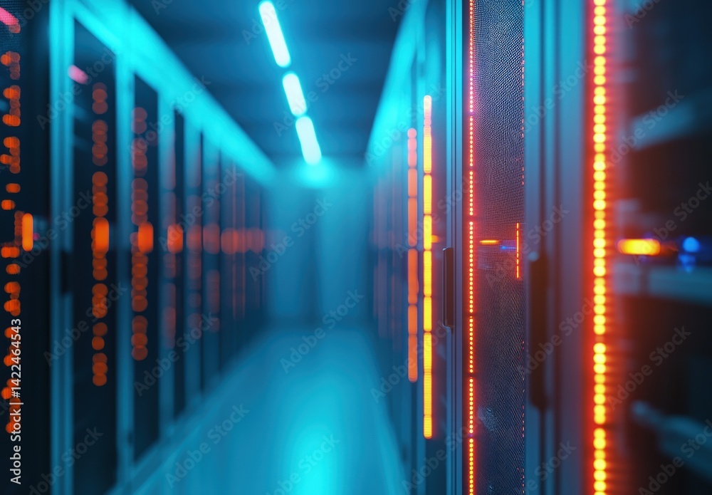 Aufkleber Illuminated data center with glowing orange and blue server racks in a sleek corridor, symbolizing advanced networking and secure digital operations. Perfect for tech or IT use