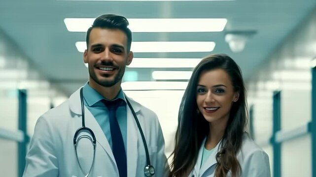 A smiling male and female medical professional in white coats stand in a modern hospital hallway, with bright overhead lighting. The friendly atmosphere suggests caring, competent healthcare setting