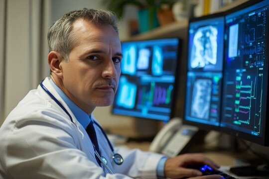 Middle aged male doctor analyzing medical data on multiple monitors in a modern office environment