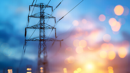 Silhouette of an electrical transmission tower against a soft blue sky with warm bokeh lights, symbolizing energy, power grid infrastructure, and modern technology.
