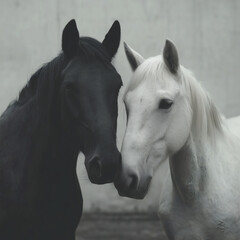 Obraz premium Caballos blanco y negro juntos sobre fondo neutro