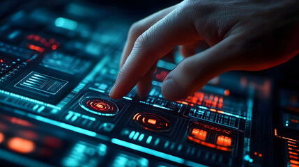 Obraz premium Hand Interacting with Futuristic Control Panel Interface, Illuminated with Neon Elements for Science Fiction Aesthetics.