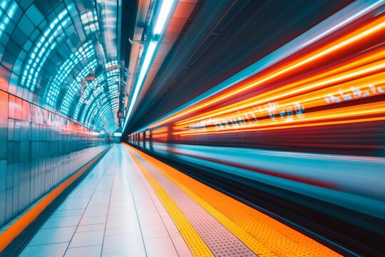 Vibrant urban train station scene with bold neon lights and high speed bullet train in motion
