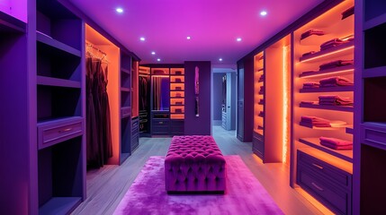 Luxurious walk-in closet with vibrant, colorful lighting.
