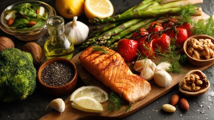 Grilled salmon with roasted vegetables and nuts. A healthy and delicious meal.