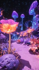 Obraz premium Glowing flower and mushroom path at night