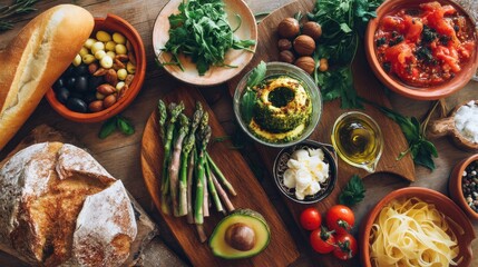Aromatic overhead shot of a Mediterranean-inspired meal featuring fresh ingredients like pasta, asparagus, and olives.