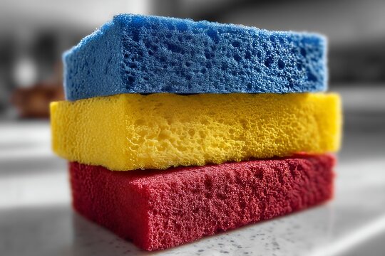 Brightly colored sponges  close up of blue, yellow, and red sponges stacked on kitchen table