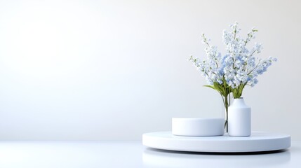 Fototapeta premium Minimalist white podiums and a vase with light blue flowers on a clean studio background.
