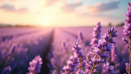 Fototapeta premium Lavender Field at Sunset: A Serene Landscape