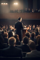 Politician speaking to audience from podium