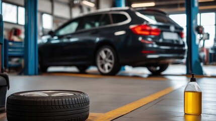 auto repair garage with focus on spare tire and engine oil bottle. blurred background reveals car on lift, indicating service or maintenance setting for vehicles