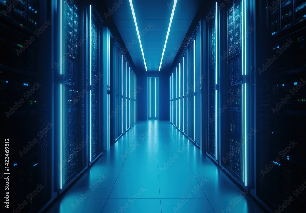 Poster high-tech data center hallway with glowing vertical blue lights and sleek server racks, reflecting s
