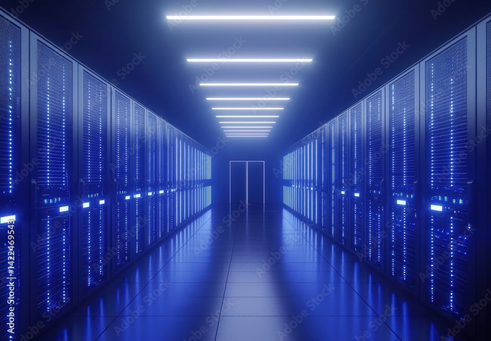 Poster High-tech data center corridor with glowing blue server racks and bright ceiling lights, representing secure infrastructure and cloud computing. Ideal for tech, IT, and AI content