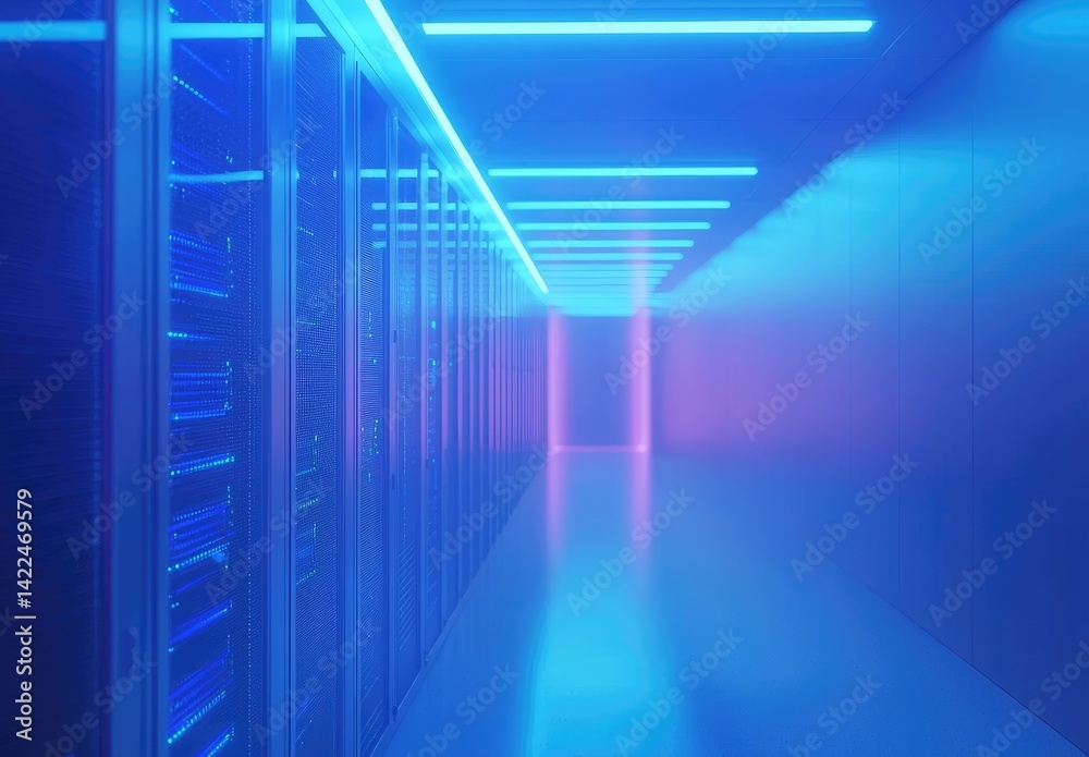 Poster futuristic server room with glowing cyan and magenta lighting, minimal design, and ample space for t