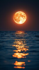 Orange moon rising over calm ocean at night, romantic backdrop