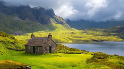 Scenic stone cottage by peaceful lake stunning mountain view green landscape sky home calm rural