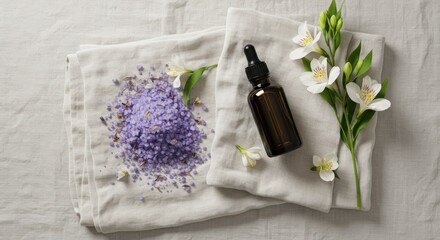essential oil bottle and lavender bath salts on linen backdrop evoke spa relaxation. white alstroemeria flowers enhance serene aesthetic, promoting wellness and aromatherapy appeal