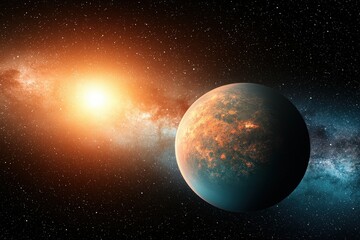 A stunning cosmic scene showcasing a planet illuminated by a distant star amidst a backdrop of vibrant galaxies and twinkling stars.