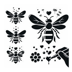 Black and white bee icon silhouette vector art illustration