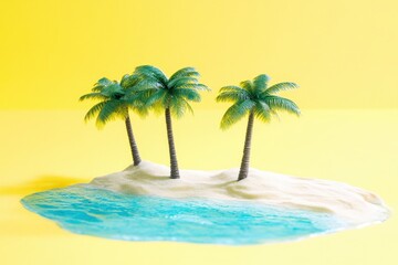Obraz premium Miniature tropical island with palm trees on a vibrant yellow background.