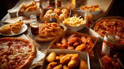 A table laden with fried foods, including pizzas, chicken wings, and onion rings. A feast for any occasion!