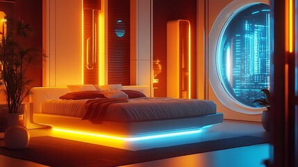 Futuristic bedroom featuring vibrant lighting and a circular window.