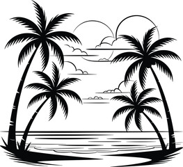 Palm tree silhouette at sunset. The art of the palm on a white background, summer vector.