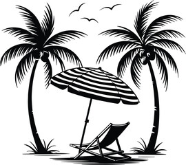 Palm tree silhouette at sunset. The art of the palm on a white background, summer vector.