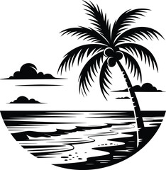 Palm tree silhouette at sunset. The art of the palm on a white background, summer vector.