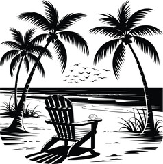 Palm tree silhouette at sunset. The art of the palm on a white background, summer vector.