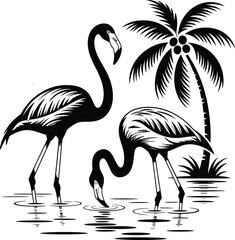 Palm tree silhouette at sunset. The art of the palm on a white background, summer vector.