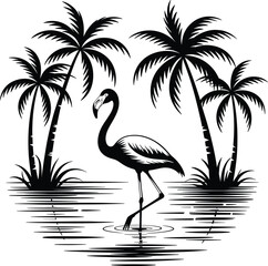 Palm tree silhouette at sunset. The art of the palm on a white background, summer vector.