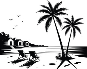 Palm tree silhouette at sunset. The art of the palm on a white background, summer vector.