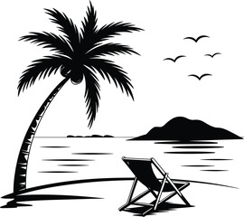 Palm tree silhouette at sunset. The art of the palm on a white background, summer vector.