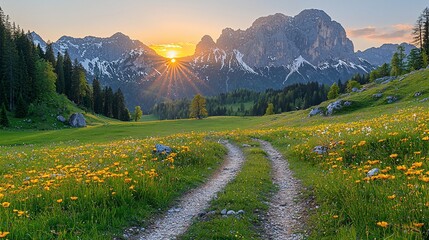 Sunset over mountain meadow, flowers, path. Travel postcard
