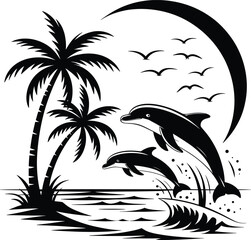 Palm tree silhouette at sunset. The art of the palm on a white background, summer vector.