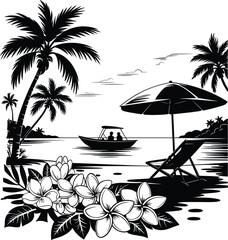 Palm tree silhouette at sunset. The art of the palm on a white background, summer vector.