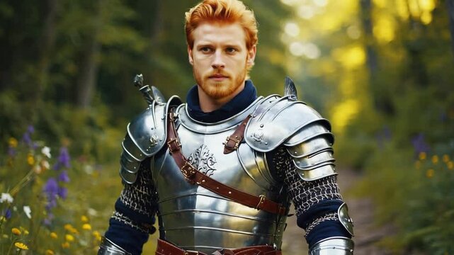 Cinematic ginger-haired man in full knight armor holding sword, standing heroically in lush forest meadow with subtle zoom-in movement

